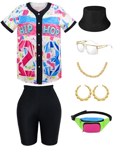 80er 90er Jahre Outfit für Damen Hip Hop Kostüm Baseball Trikot Shirt Shorts Set, 90er Jahre Outfits für Frauen Party 90er Jahre Frau Kostüme, Pink, L von Owurha