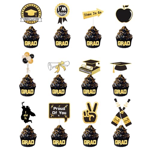 12 Stück Graduation Cupcake Toppers,Schwarz und Gold Graduation Deko Cupcake Toppers,Wein Flaschen,Graduation Cap,Luftballons,Prüfungsarbeit,Worte Ermutigung,für Cupcakes in Abschlussfeier von Oykrueats