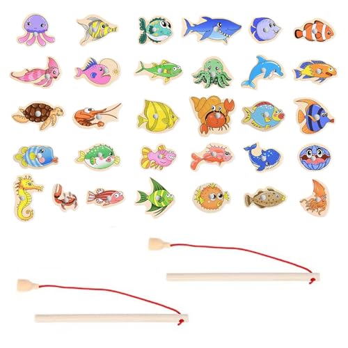 Oykrueats Kinder Angelspiel,31 Stück Angelspiel Holz Spielzeug,Zwei Angeln,Magnetisches Fishing Game,Puzzles Angelspiel Magnet,Feinmotorikspielzeug Lernspielzeug Geschenk für Kinder Mädchen Jungen von Oykrueats