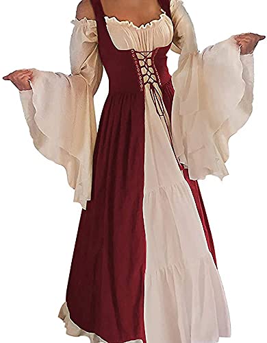 Oylchly Damen Renaissance Kleid Irish Mittelalter Renaissance Kostüm Korsett Chemise und Überkleider Burgunderrot 2 Set S/M von Oylchly