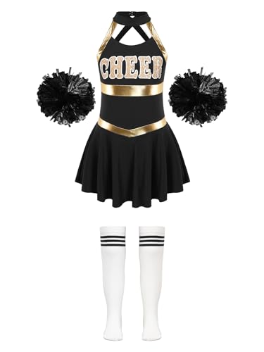 Oyolan 3er Set Kinder Cheer Leader Faschingskostüme Mädchen Cheerleadering Tanzkleid Pompons Socken Set für Halloween Ein Weiß&Schwarz 170 von Oyolan