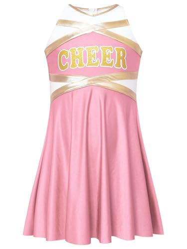 Oyolan Cheer Leader Kostüm Kinder Mädchen Cheerleading Kleid Ärmellos Tanzkleid für Halloween Karneval Fasching Party Rosa 122-128 von Oyolan