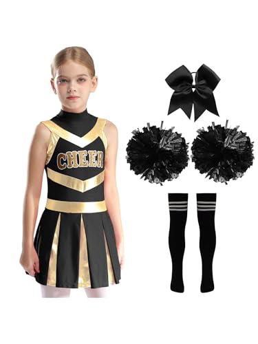 Oyolan Cheer Leader Kostüm Mädchen Cheerleading Uniform Kleid Ärmellos Tanzkleid Mit Socken Pompons Poms und Haarband Halloween Karneval Fasching Party Ein Schwarzer 170 von Oyolan