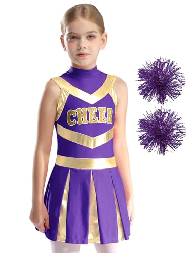 Oyolan Cheer Leader Kostüm Mädchen Cheerleading Uniform Kleid Ärmellos Tanzkleid mit Pompons Poms Halloween Karneval Fasching Party B Lila 122-128 von Oyolan