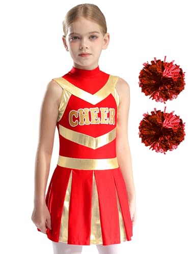 Oyolan Cheer Leader Kostüm Mädchen Cheerleading Uniform Kleid Ärmellos Tanzkleid mit Pompons Poms Halloween Karneval Fasching Party Ein Rot 158-164 von Oyolan