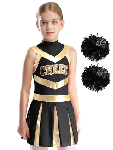 Oyolan Cheer Leader Kostüm Mädchen Cheerleading Uniform Kleid Ärmellos Tanzkleid mit Pompons Poms Halloween Karneval Fasching Party Ein Schwarzer 146-152 von Oyolan