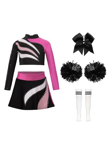 Oyolan Cheerleadering Kostüm Kinder Langarm Crop Tops Rock mit Pompoms Socken und Kopfschmuck Karneval Fasching Party Hot Pink & Schwarz 146-152 von Oyolan