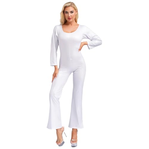 Oyolan Damen 70er Jahre Disco Kostüm Tanzanzug Overall Glänzende Metallic Jumpsuit Hippie Halloween Karneval Fasching Silber L von Oyolan