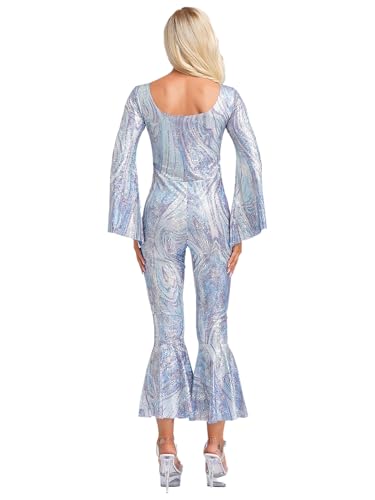 Oyolan Damen 70er Jahre Disco Kostüm Tanzanzug Overall Jumpsuit Hippie Halloween Karneval Fasching Party Outfit Silber M von Oyolan