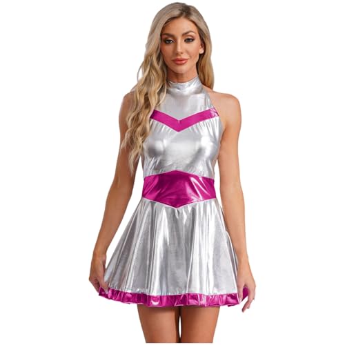 Oyolan Damen Astronaut Kostüm Metallic Shiny Kleid Neckholder Rückenfrei A Linien Kleid Halloween Verkleidung Kostüm Hot Pink 3XL von Oyolan