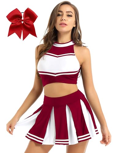 Oyolan Damen Cheerleading Uniform Ärmellos Crop Top mit Minirock Kopfbedeckung Cheer Leader Tanzkleidung für Halloween Party Karneval Weinrot XXL von Oyolan