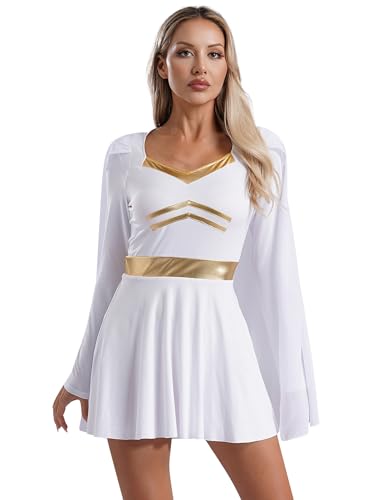 Oyolan Damen Halloween Cosplay Kostüm Athena Griechische Göttin Kleid V-Ausschnitt Langarm Metallic Kleid Party Kleider Mottoparty Verkleidung Weiß M von Oyolan