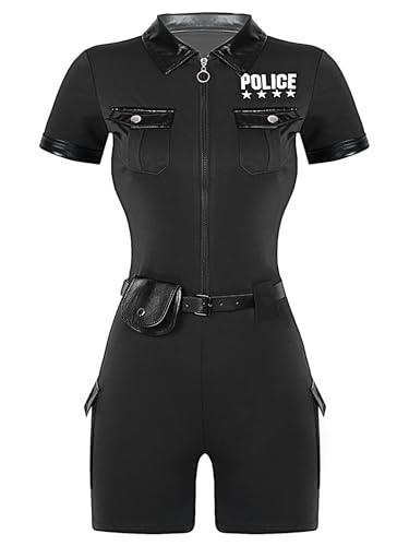 Oyolan Damen Polizei Polizistin Kostüm Erwachsene Polizistin Uniform Rollenspiel Cosplay Verkleidung Kurzarm Overall Body mit Gürtel und Handtasche Schwarz M von Oyolan