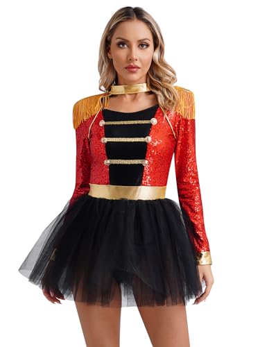 Oyolan Damen Zirkus Kostüm Glitzer Langarm Kleid Clown Cosplay Tanzkostüm Weihnachten Karneval Party Outfits Rot L von Oyolan