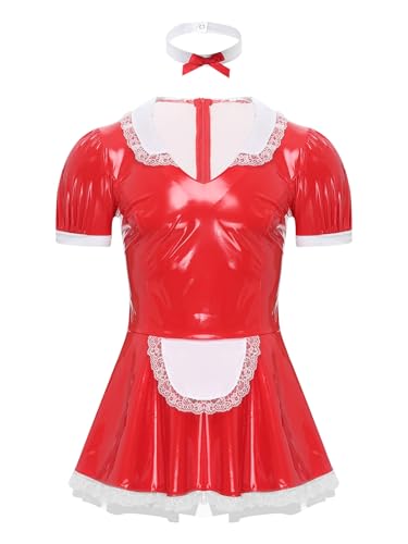 Oyolan Herren Dienstmädchen Kostüm A-Line Kleid Hausmädchen Lolita Männer Sissy Cosplay Verkleidung Maid Kostüm Rot 5XL von Oyolan
