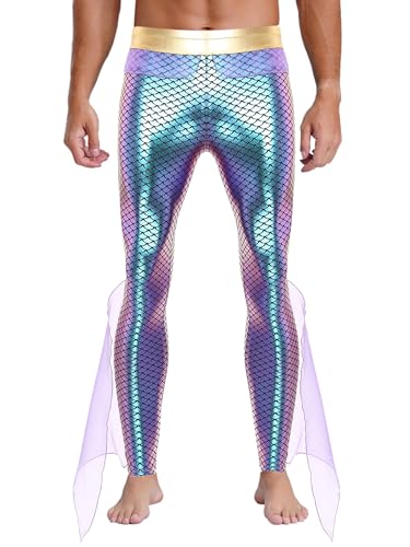 Oyolan Herren Hose König der Meere Kostüm Rollenspiel Outfit Glänzend Fischschuppen Leggings für Halloween Cosplay Violett A M von Oyolan