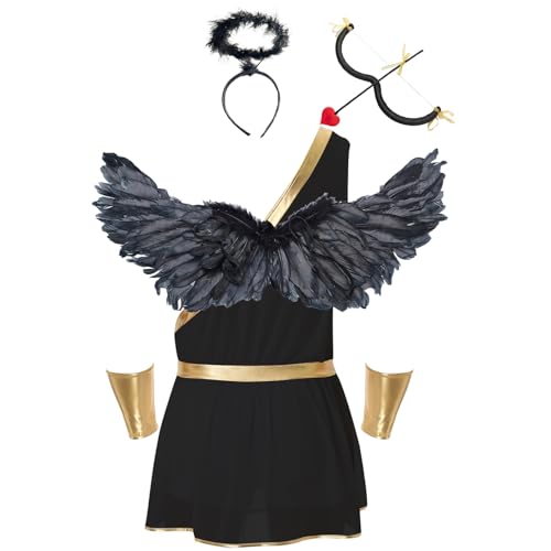 Oyolan Herren Toga Caesar Kostüm Kurz Gewand Rock Faltenrock mit Flügel und Haarreif Bogen Pfeil Set Halloween Fasching Schwarz 3XL von Oyolan