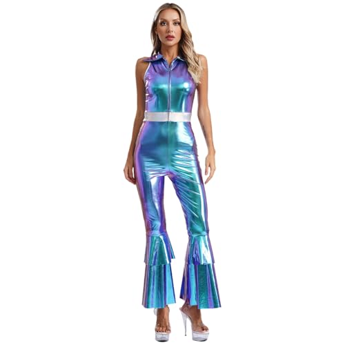 Oyolan Hippie Kostüme Damen 70er Disco Outfit Overall Jumpsuit Glänzend Metallisch Jumpsuit Karneval Fancy Dress Halloween Blau 3XL von Oyolan