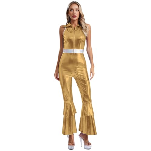 Oyolan Hippie Kostüme Damen 70er Disco Outfit Overall Jumpsuit Glänzend Metallisch Jumpsuit Karneval Fancy Dress Halloween Gold L von Oyolan