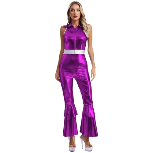 Oyolan Hippie Kostüme Damen 70er Disco Outfit Overall Jumpsuit Glänzend Metallisch Jumpsuit Karneval Fancy Dress Halloween Violett L von Oyolan