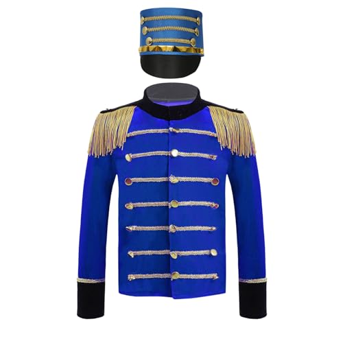 Oyolan Jungen Mantel Jacke Langarm Kinderkostüm Prinz Uniform Samt Quasten Tops mit Hut Cosplay Halloween Zirkus Fasching Königsblau 122-128 von Oyolan