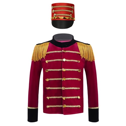 Oyolan Jungen Mantel Jacke Langarm Kinderkostüm Prinz Uniform Samt Quasten Tops mit Hut Cosplay Halloween Zirkus Fasching Rot 110-116 von Oyolan