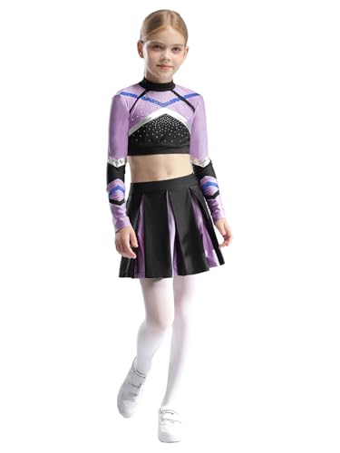 Oyolan Kinder Cheer Leaderin Kostüm Mädchen Langarm Glänzend Crop Tops Rock Halloween Karneval Kostüm 5-16 Jahre Helles Lila 110-116 von Oyolan