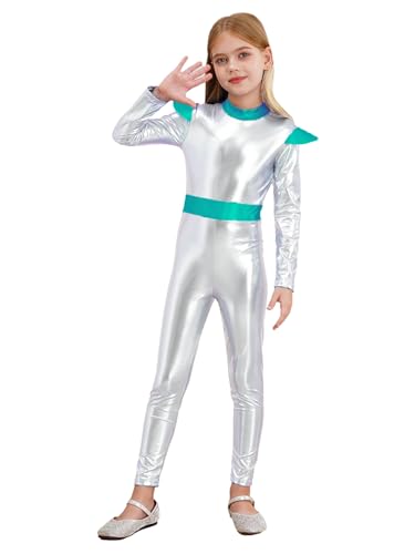 Oyolan Kinder Mädchen Astronaut Kostüm Metallic Bodysuit Alien Rollenspiel Jumpsuit Dress Up Halloween Party Faschingskostüme Silber 134-140 von Oyolan