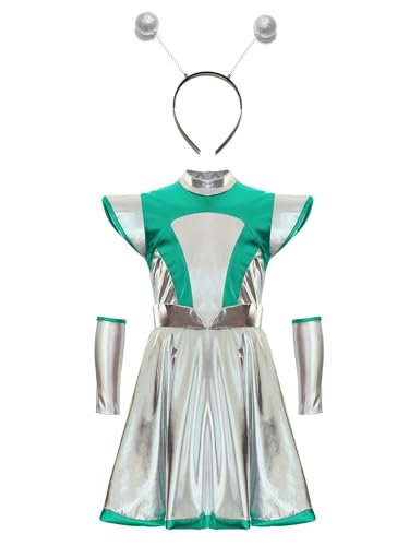 Oyolan Kinder Mädchen Astronaut Kostüm Metallic Tanzkleid Alien Kleid Kleid mit Arm Sleeve und Haarreifen Zubehör Halloween Faschingskostüme Grün Silber 122-128 von Oyolan