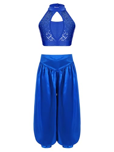 Oyolan Kinder Mädchen Bauchtanz Kostüm Oberteil und Hose Zweiteiliges Set Indische Tanzkleidung Hip Hop Kleidung Street Dance Outfits Blau 110-116 von Oyolan