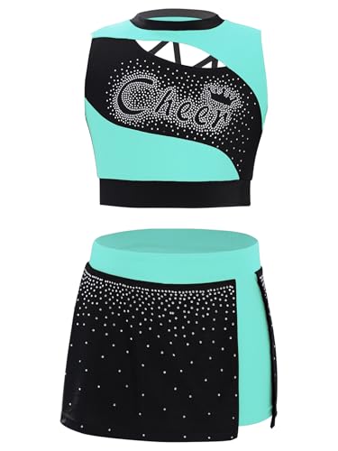 Oyolan Kinder Mädchen Cheer Leader Kostüm Cheerleadering Outfit Uniform Ärmelloses Crop Top mit Faltenrock Karneval Kostüm Blau Grün 110-116 von Oyolan