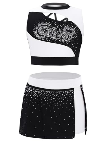 Oyolan Kinder Mädchen Cheer Leader Kostüm Cheerleadering Outfit Uniform Ärmelloses Crop Top mit Faltenrock Karneval Kostüm Weiß 110-116 von Oyolan