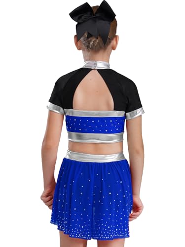 Oyolan Kinder Mädchen Cheerleadering Kostüm Uniform Ärmelloses Crop Top mit Faltenrock Skirt Shorts Karneval Kostüm Blau 110-116 von Oyolan