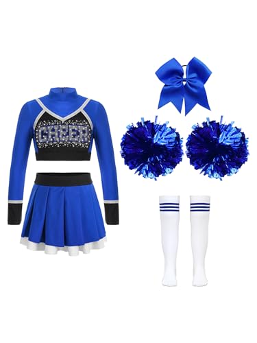 Oyolan Kinder Mädchen Cheerleadering Outfit Cheerleading Uniform mit Pompoms Socken und Kopfschmuck für Karneval Halloween Blau 158-164 von Oyolan