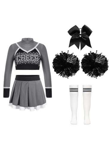 Oyolan Kinder Mädchen Cheerleadering Outfit Cheerleading Uniform mit Pompoms Socken und Kopfschmuck für Karneval Halloween Grauschwarz 170 von Oyolan