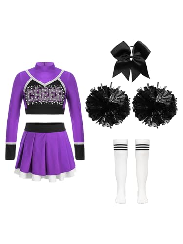 Oyolan Kinder Mädchen Cheerleadering Outfit Cheerleading Uniform mit Pompoms Socken und Kopfschmuck für Karneval Halloween Lila & Schwarz 158-164 von Oyolan