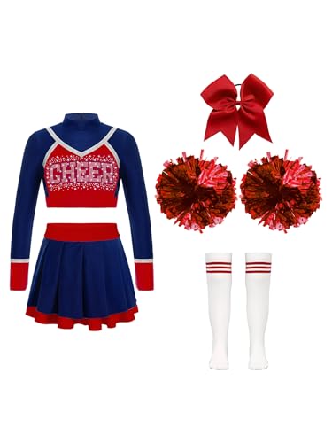 Oyolan Kinder Mädchen Cheerleadering Outfit Cheerleading Uniform mit Pompoms Socken und Kopfschmuck für Karneval Halloween Marineblau und Rot 158-164 von Oyolan