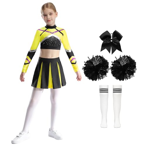 Oyolan Kinder Mädchen Cheerleadering Outfit Uniform mit Pompoms Socken und Kopfschmuck für Karneval Halloween Fluoreszierendes Gelb und Schwarz 110-116 von Oyolan