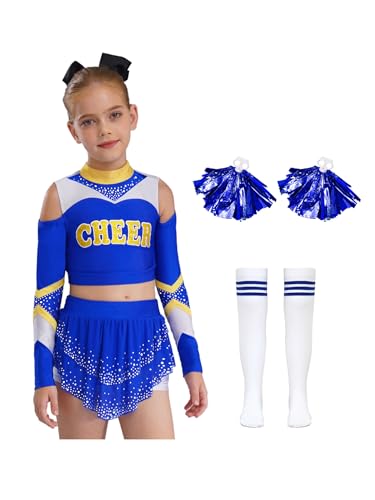 Oyolan Kinder Mädchen Cheerleadering Uniform Kostüm Cheer Kostüm Outfit mit Pompoms und Socken Halloween Karneval Fasching Blau 110-116 von Oyolan