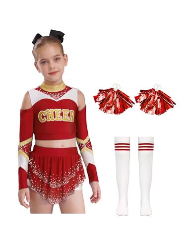 Oyolan Kinder Mädchen Cheerleadering Uniform Kostüm Cheer Kostüm Outfit mit Pompoms und Socken Halloween Karneval Fasching Burgundy 134-140 von Oyolan