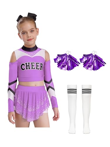 Oyolan Kinder Mädchen Cheerleadering Uniform Kostüm Cheer Kostüm Outfit mit Pompoms und Socken Halloween Karneval Fasching Helles Lila 110-116 von Oyolan