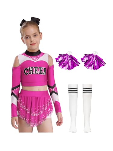 Oyolan Kinder Mädchen Cheerleadering Uniform Kostüm Cheer Kostüm Outfit mit Pompoms und Socken Halloween Karneval Fasching Hot Pink 110-116 von Oyolan