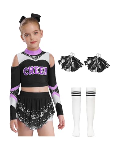 Oyolan Kinder Mädchen Cheerleadering Uniform Kostüm Cheer Kostüm Outfit mit Pompoms und Socken Halloween Karneval Fasching Schwarz 134-140 von Oyolan