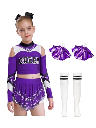 Oyolan Kinder Mädchen Cheerleadering Uniform Kostüm Cheer Kostüm Outfit mit Pompoms und Socken Halloween Karneval Fasching Violett 134-140 von Oyolan