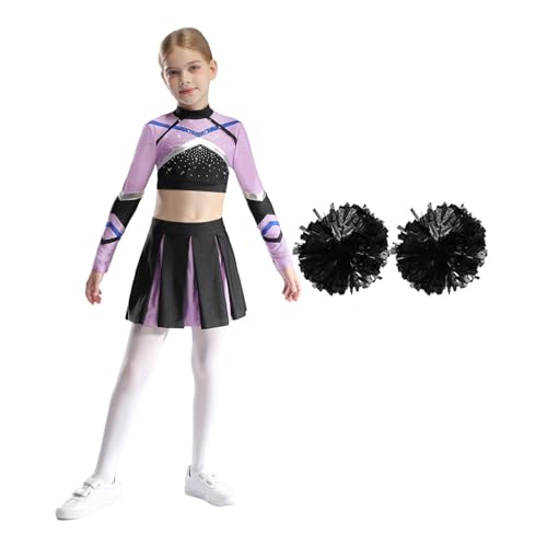 Oyolan Kinder Mädchen Cheerleading Uniform Cheerleadering Outfit Crop-Top mit Rock und Pompoms Set für Karneval Fasching Party Helles Lila 110-116 von Oyolan