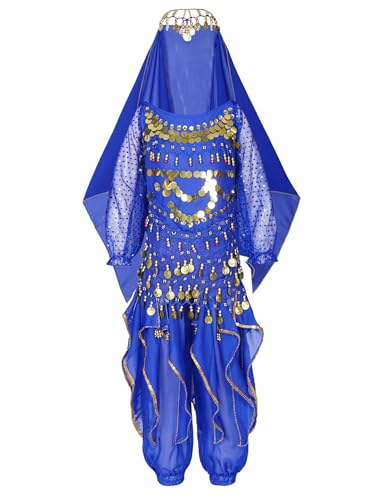 Oyolan Mädchen Bauchtanz Kleidung Set Pailetten Crop Top und Haremshose Schal und Kopftuch indische Tanz Kostüm Blau 140-152 von Oyolan