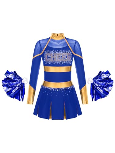 Oyolan Mädchen Cheer Leader Kostüm Cheerleading Kleid Mit Pompoms Schulmädchen Tanzkleid Karneval Fasching Kostüm Blau 170 von Oyolan