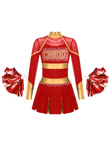 Oyolan Mädchen Cheer Leader Kostüm Cheerleading Kleid Mit Pompoms Schulmädchen Tanzkleid Karneval Fasching Kostüm Rot 170 von Oyolan