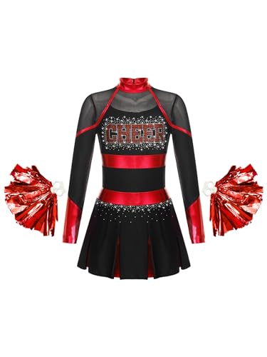 Oyolan Mädchen Cheer Leader Kostüm Cheerleading Kleid Mit Pompoms Schulmädchen Tanzkleid Karneval Fasching Kostüm Schwarz Rot 170 von Oyolan