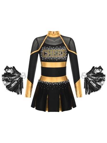 Oyolan Mädchen Cheer Leader Kostüm Cheerleading Kleid Mit Pompoms Schulmädchen Tanzkleid Karneval Fasching Kostüm Schwarzes Gold 146-152 von Oyolan